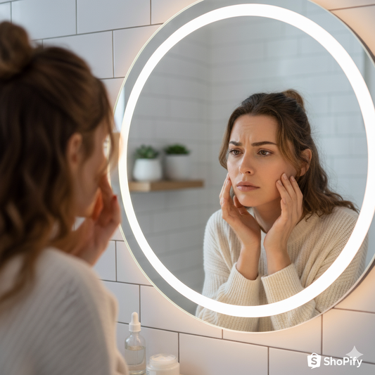 lady looking in mirror at skin