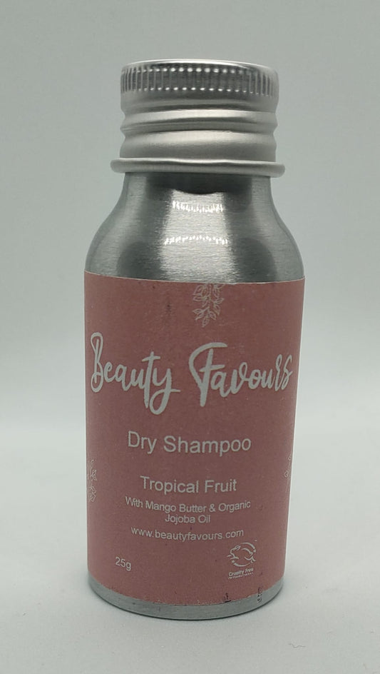 Silver bottle of Beauty Favours fruity dry shampoo 