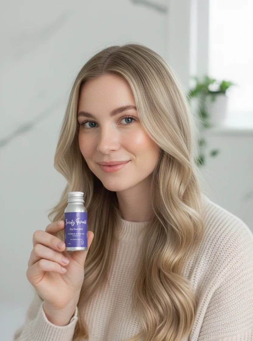 blonde woman with dry shampoo