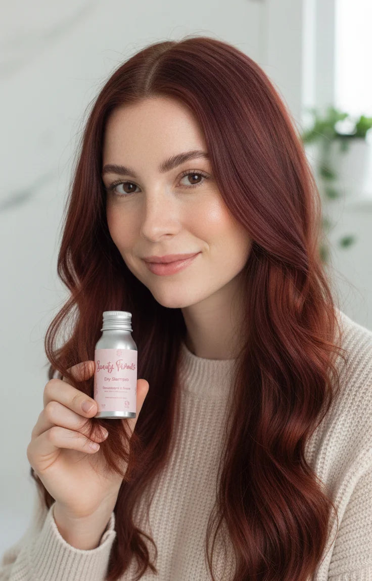 red haired woman with beauty favours dry shampoo